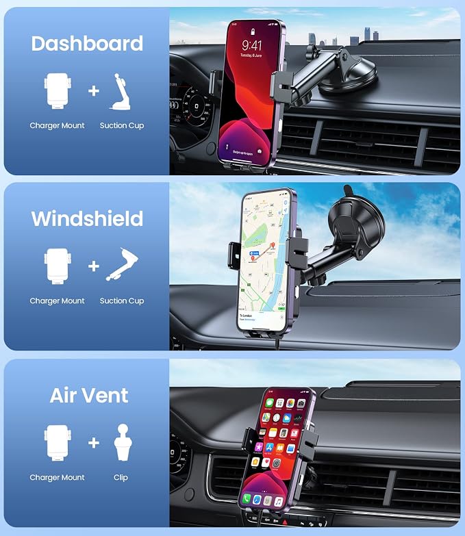 Wireless Car Charger, 15W Fast Charging Auto-Clamping Car Mount Universal Hands-Free Car Charger Mount for Dash Windshield Air Vent Compatible with iPhone 16 15/14/13/12, Samsung S23/S22/S21,etc