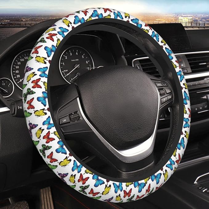 Universal 15-Inch Steering Wheel Cover, Colorful Butterfly Print Neoprene Car Handle Protector, Non-Slip & Durable Auto Decor, Breathable Steering Wheel Wrap for Men and Women