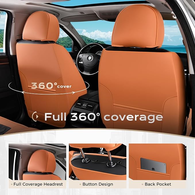 Coverado Car Seat Covers Front Seats, Vintage-Style Soft Waterproof Faux Leather Full Set with Rear Protectors, Comfortable Anti-Stain Interior for Most Vehicles – BrownBlack