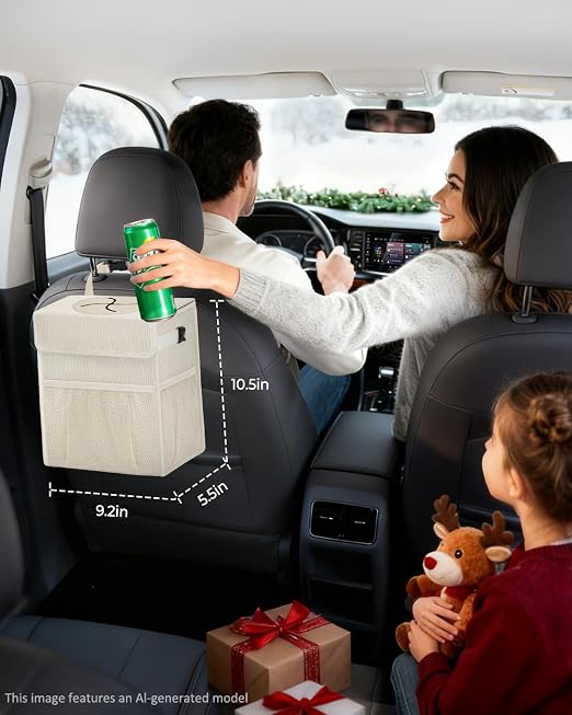 Corduroy Car Trash Can with Lid and Mesh Pockets - Leakproof Organizer,Multipurpose Waterproof Garbage Can/Trash Bin for Car(Off-White-2 Gallons)