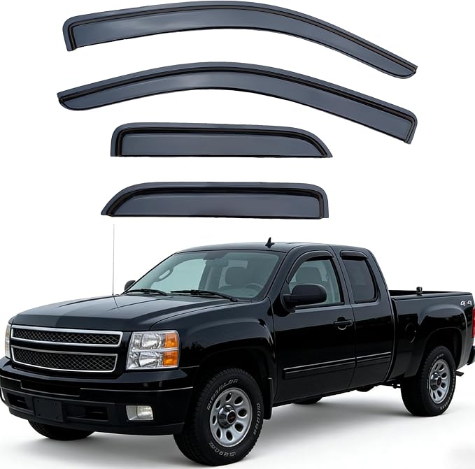 Window Visors Rain Guards for 2014-2018 Chevrolet(Chevy) Silverado & GMC Sierra 1500/2500HD/3500HD Extended Cab, Tape On Outside Mount Wind Deflectors Vent Shades Dark Smoke, 4PCS Set