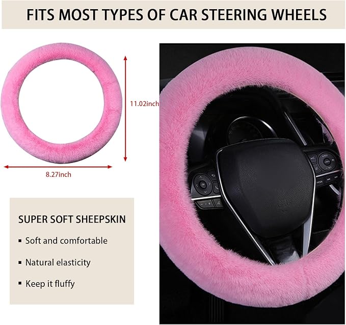 Fuzzy Steering Wheel Cover, 15 inch Soft Wool Fur Steering Wheel Protector, Fluffy Wheel Covers for Winter Warm, Car Interior Decoration Accessories for Women Men (Pink)