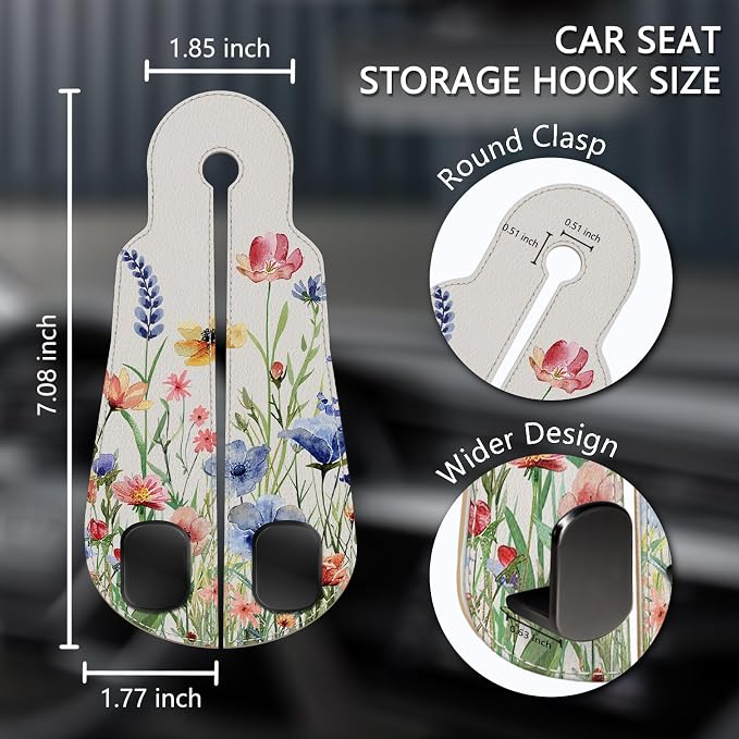 2PCS Car Seat Back Storage Headrest Hooks, Floral Flowers Purse Holder Bags Hanger, PU Leather Double Metal Hook for Backseat Organizer, Women Car Accessories Organization