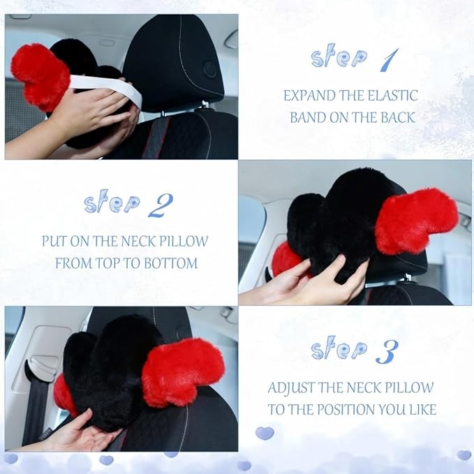 2 Pcs Plush Heart Shaped Pillow with Angel Wings Car Headrest Soft Comfortable Seat Pillow for Driving Travelling Room Office Car Decor, 19.7 x 8.3 Inch(Black, Red)