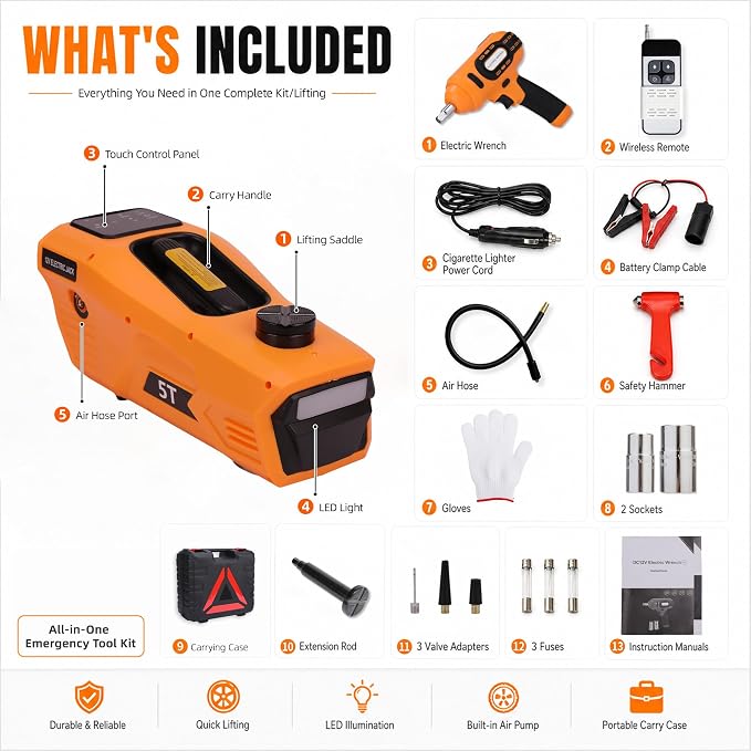 Electric Car Jack 5 Ton 12V Hydraulic Jack Lift with Impact Wrench Touch Screen Tire Inflator Pump Wireless Remote 3 Mode LED Light for Roadside Tire Change Cars Sedans SUVs MPVs Trucks
