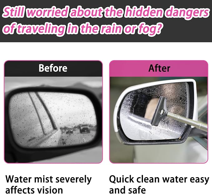 Side Mirror Squeegee, 2 PCS Car Mirror Squeegee, Retractable Car Rearview Mirror Wiper for All Vehicles, Universal Automotive Accessories(Black/Pink)