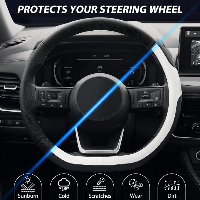Flat Bottom Steering Wheel Cover, D Shaped Car Wheel Cover 14 1/2-15 in. (37-39 cm), Black White Microfiber Leather