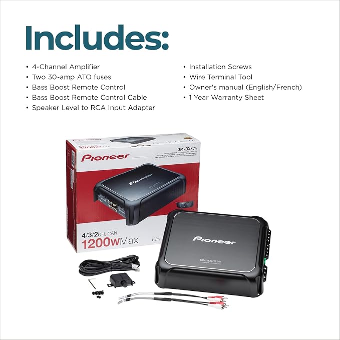 GM-DX874 1,200 Watts Class D Powerhouse Amplifier, 4-Channel Amp, Variable Low-Pass Filter, Compact Design, and Remote Bass Boost Control