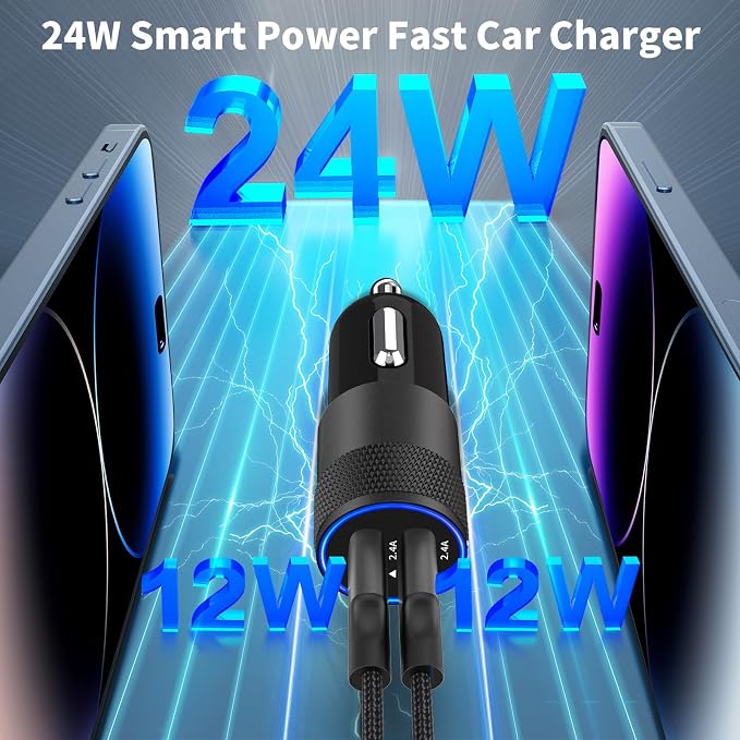 【MFi Certified】iPhone Car Charger Fast Charging, 4.8A Dual USB Smart Power Cigarette Lighter USB Car Charger with 2Pack Lightning Braided Cable for iPhone 14 13 12 11 Pro XS Mini XR X SE iPad