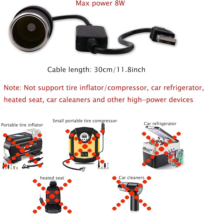 USB A Male to 12V Car Cigarette Lighter Socket Female Converter Cable (8W Max)