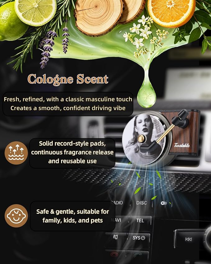 Record Player Car Air Freshener Vent Clip, 12PCS Vintage Album Style Refill Pads, Air Freshener Car Decor Accessories, Cologne Scent Air Fresheners for Car, Music Lovers Gifts