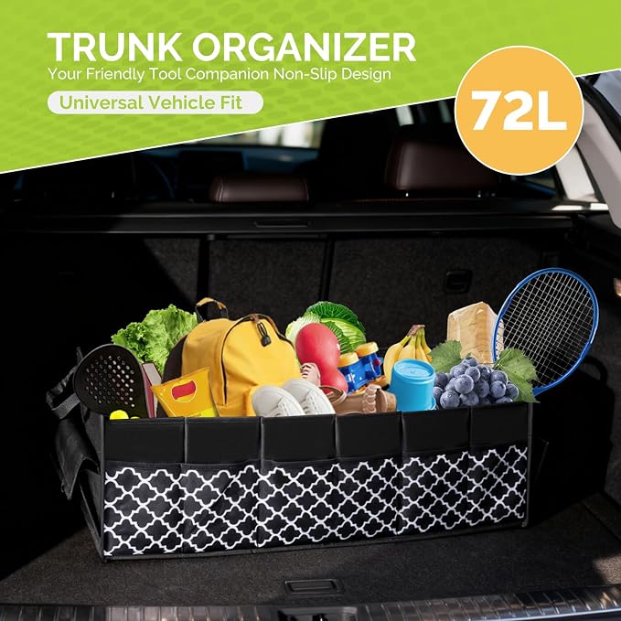 Trunk Organizer for SUV, Car Organizer, Collapsible Trunk Organizer for Car, Non-Slip Storage Organizer for Sedans, Van, Jeep, Grocery, Large 4 Compartments, Black Grid 32"×13"×12"