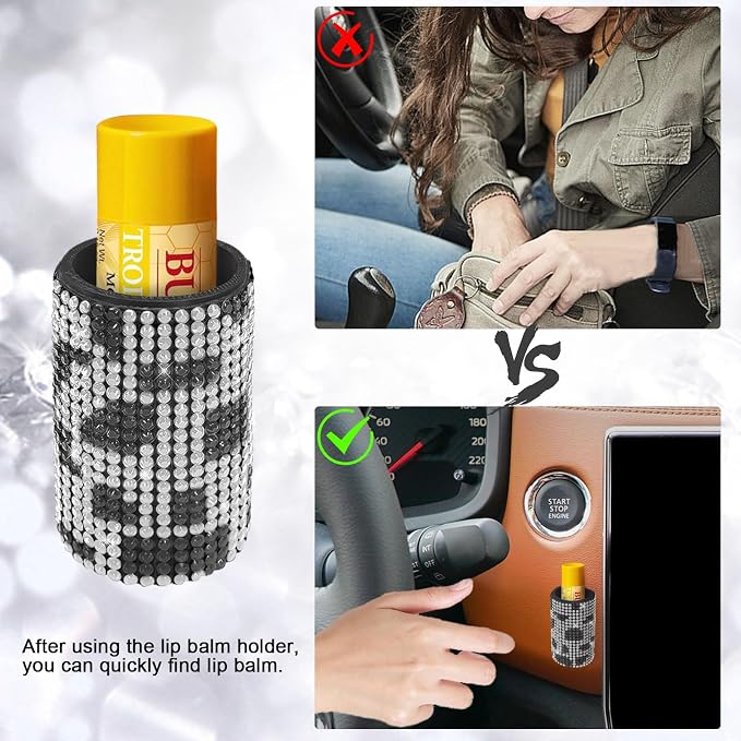 Upright Car Chapstick Holder, Bling Insulating Lip Balm Holder,Rhinestone Car Accessories for Women Interior,Suitable for Most Vehicles. (Cow)