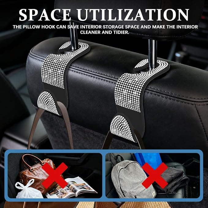 4PCS Bling Car Seat Headrest Hooks, Purse Holder for Car, Vehicle Back Seat Purse Handbag Hanging Holder with Crystal Rhinestone, Diamond Car Rear Seat Organizer for Vehicles (White)