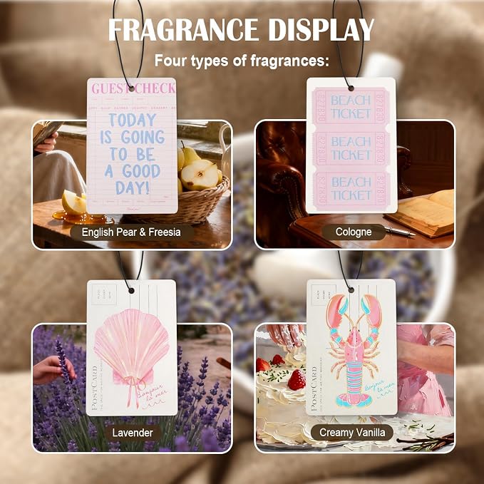 Pastel Pink Beach Air Freshener Diffuser Hanging for Car Interior Closet Drawer Home 4 Pcs, Preppy Coastal Seashell Lobster Girly Aesthetic Car Accessories Mirror Decor