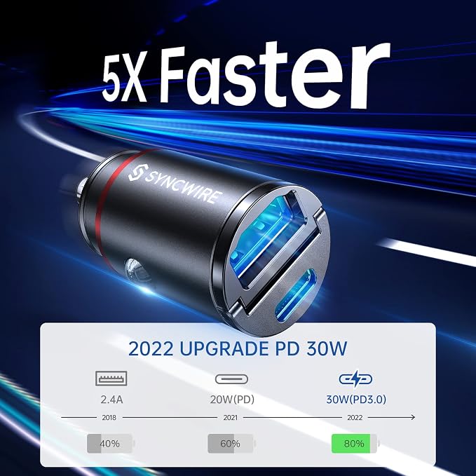 USB C Car Charger 60W [PD 30W & QC 30W] USB Car Charger Adapter Fast Charging [Super Mini & All Metal] for iPhone, Samsung, Google Pixel, XiaoMi, Huawei, LG, iPad Road Trip Essentials
