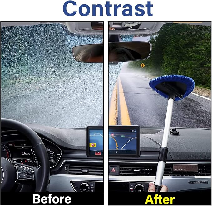 Windshield Cleaning Tool, Car Window Cleaner with 4 Washable Reusable Microfiber Pads, Extendable Long Handle Glass Wiper Cleaning Kit, Auto Accessories Universal for Office and Home (Blue)