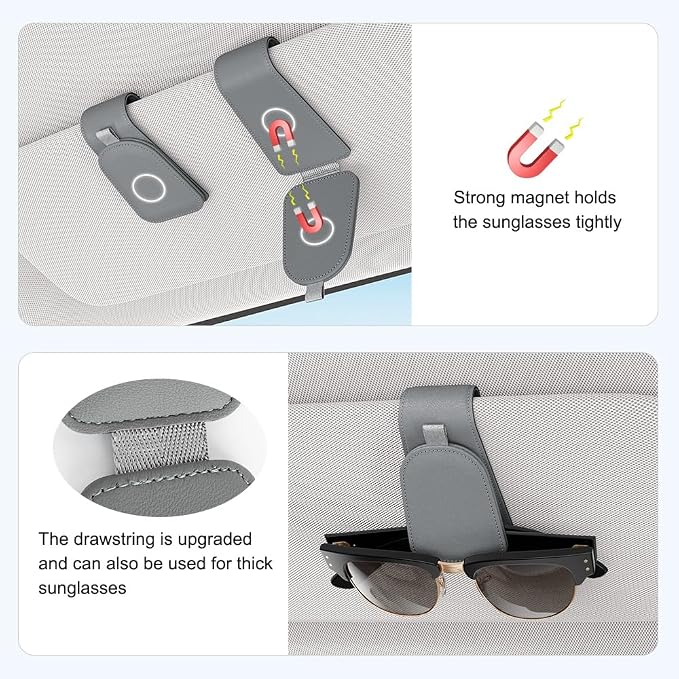 Sunglass Holder for Car Visor, Gray, 2 Packs | Suede Cloth, Magnetic, Organizer for Car Accessories
