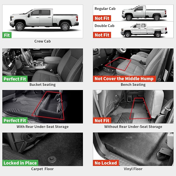 Floor Mats 2019-2026 for Chevy Silverado/GMC Sierra 1500, 2020-2026 for 2500 HD/3500 HD, Crew Cab & Bucket Seat Only (Fit with Rear Under-Seat Storage Box, Not Fit 2nd Row Plastic Box), Black