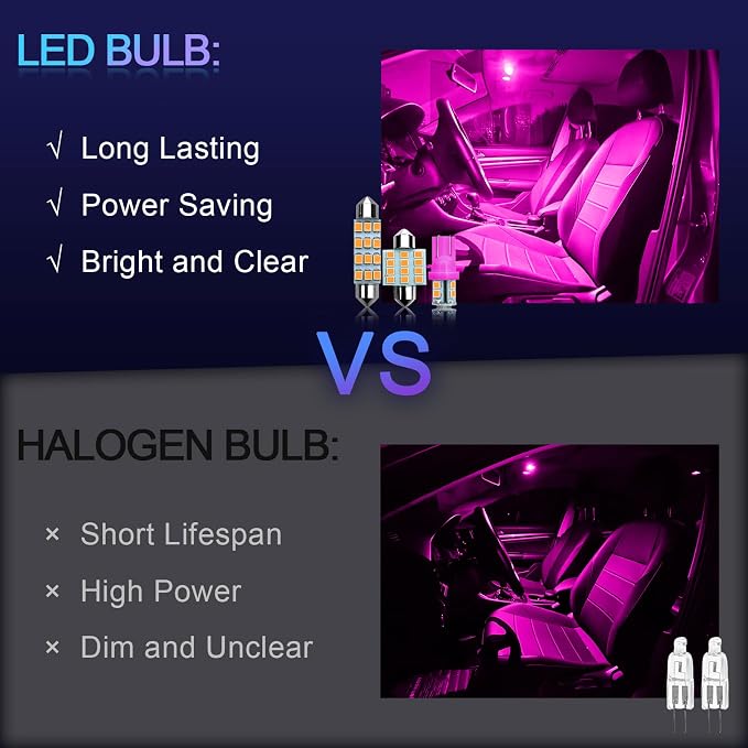 24PCS LED Interior Replacement Bulbs, Interior Car Lights, Dome Light LED Car Bulb Kit Set T10 31 mm 42 mm, Used for Map Dome Lights and License Plate Courtesy Lights Accessories (Pink)