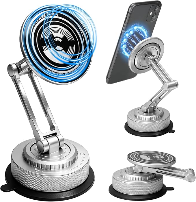 All-Metal Alloy Long Arm Magnetic Suction Cup Car Phone Mount(Silver) | Strong Powerful Magnetic Heavy-Duty Windshield Dash 360° Mechanical Rotation Cell Mobile Phone Vehicle Bracket for All Cars
