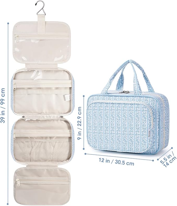 Travel Toiletry Bag for Women Large Hanging Makeup Bag Organizer Toiletries Bag for Full Size Essentials Accessories Cosmetics (Blue Flower Buds (Large))