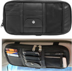 Car Sun Visor Organizer, Double Zipper Leather Visor Storage Pouch with Multi-Pocket, Sunglass Holder Storage Pocket with Elastic Band for Cars SUVs Trucks, Car Accessories (Black)