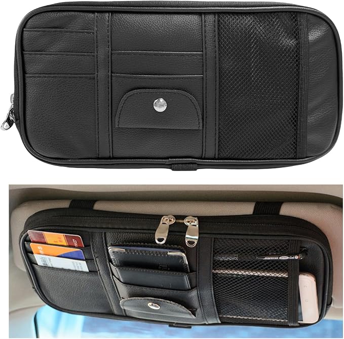 Car Sun Visor Organizer, Double Zipper Leather Visor Storage Pouch with Multi-Pocket, Sunglass Holder Storage Pocket with Elastic Band for Cars SUVs Trucks, Car Accessories (Black)