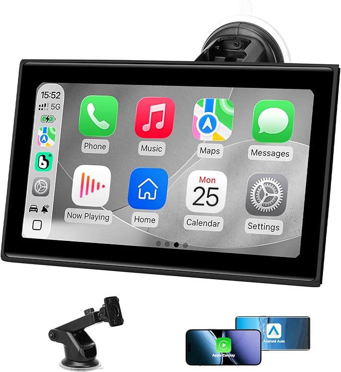 Carplay Screen for Car，7" Portable Wireless Carplay & Android Auto - HD Touchscreen Car Play with Bluetooth, Mirror Link, Live Map,Voice Control, FM Transmit (Black)