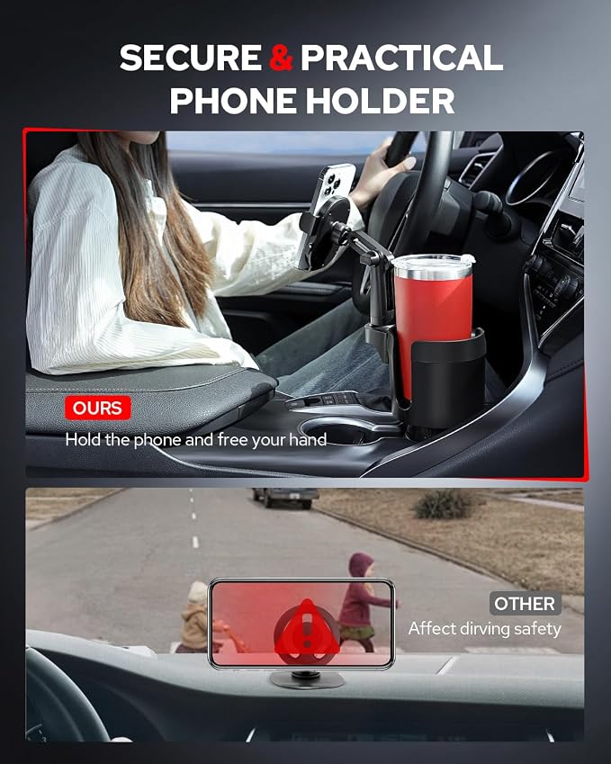 Upgraded Car Phone Holder - 2 in 1 Adjustable Cup Holder Expander Support 360° Degree Rotation - Car Cup Holder Phone Mount Compatible with All Smartphones