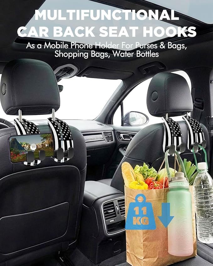 Purse Holder for Car, 2 Pack Heavy Duty Purse Hanger for Car, PU Leather Car Seat Hooks for Purses and Bags, Cute Flag Headrest Organizer for Handbags & Backpacks