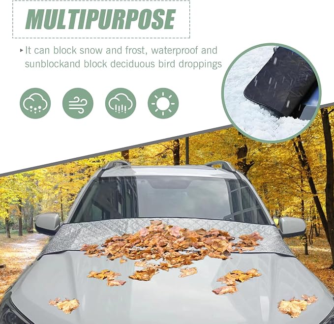 1 PC Car Front Windshield Trough Cover, 66.9" x 17.7" Foldable Dust Frost Wiper Cover, Elastic Band + Suction-Type Quick Installation Four-Season Universal Vehicle Essential Parts (Silver)