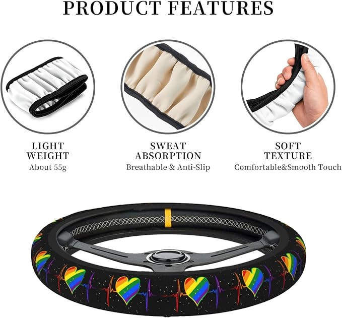 Rainbow Steering Wheel Cover Anti-Slip and Practical 14.5-15 Inch Universal Car Steering Wheel Cover with 2 Pieces Car Coasters Suitable for Men Women
