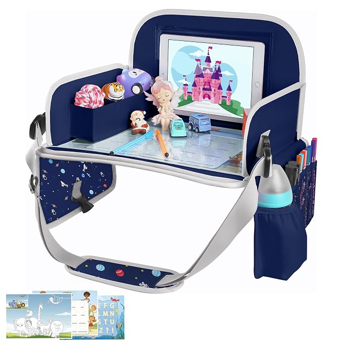 Car Seat Tray for Kids, Essential for Car Travel & Airplane Trips | Toddler Gift with Educational Drawing Board, Tablet Holder, Cooler Cup Holder & Storage Pocket, Space Pattern, Dark Blue