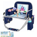 Car Seat Tray for Kids, Essential for Car Travel & Airplane Trips | Toddler Gift with Educational Drawing Board, Tablet Holder, Cooler Cup Holder & Storage Pocket, Space Pattern, Dark Blue