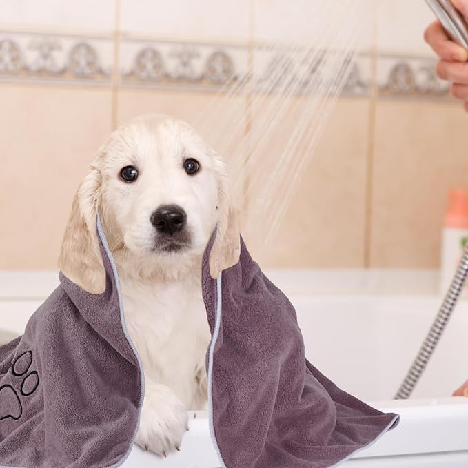 Dog Towels Super Absorbent Microfiber for Small, Medium Dog Drying Towel for Drying Dogs Soft Pet Bath Towels and Cats with Embroidered Paw Pure+Grey 20inchx36inch