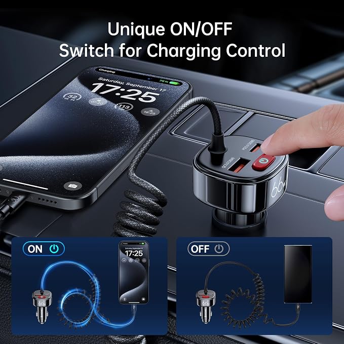 USB C Car Charger with [Battery Leakage Prevention] 66W Super Fast Car Adapter with PD & QC 3.0 Built in 6FT Type C Coiled Cable for iPhone 17/16/15 Series, Samsung Galaxy/Google Pixel