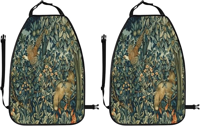 William Morris Greenery Forest Animals Pheasant Fox Blue Green Floral Car Seat Back Kick Protectors Kick Mats With Storage Pockets For Vehicles To Protect From Dirt Mud Scratches 2 Pack