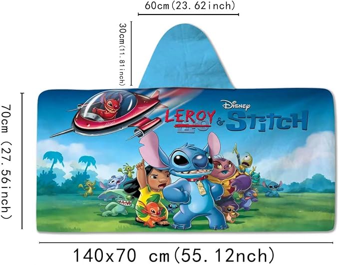 Stitch Printed Soft Cotton Terry Hooded Towel Wrap, Absorbent Hooded Towel for Bath Pool Beach Lounging, 28 in x 55 in