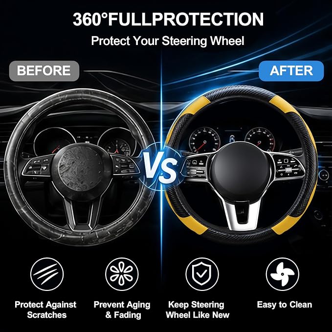 Car Steering Wheel Cover, 15 inch Carbon Fiber Microfiber Anti-Slip Breathable PU Leather Elastic Steering Wheel Protector, Car Interior Accessories for Most Cars (Yellow)