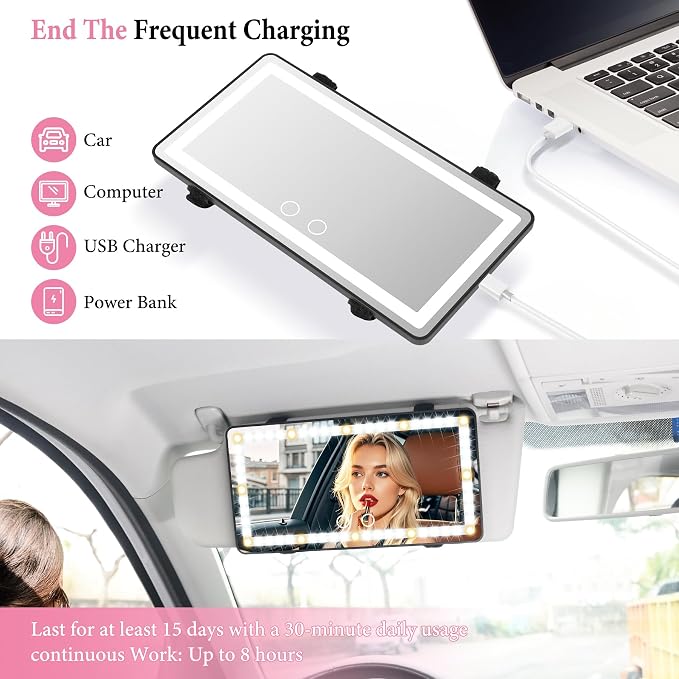 2PCS Car Sun Visor Vanity Mirror - Rechargeable Makeup Mirror with 60 LEDs, 3 Light Modes & Dimmable Touch Control for Cars, Trucks, SUVs, Car Interior Accessories for Women (Black)