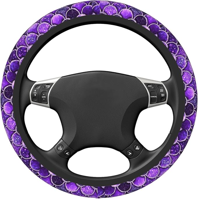 Purple Mermaid Fish Dragon Scales Cool Funny Steering Wheel Cover Car Accessories Cute for Women Girls Girly Universal 15 Inch Neoprene Auto Interior Decor Anti Slip Car Truck Protector