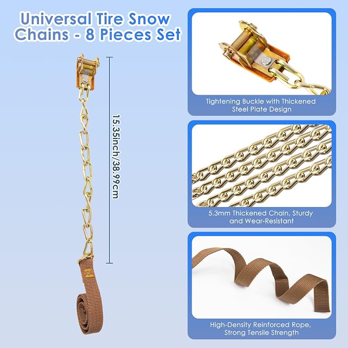 Qoosea Snow Chains 8Pcs Tire Chains Snow Chains for Car SUV Tire Chains with Tightening Buckles Universal Anti-Slip Snow Tire Chains Tire Cables Durable Chains for Tires Heavy Duty