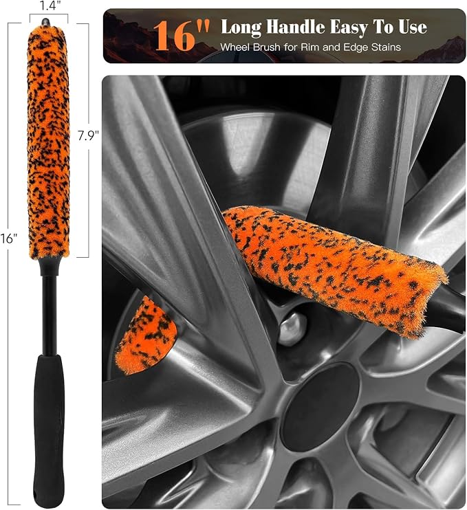 7PCS Motorcycle Cleaning Kit with 2-Size Bendable Wheel Brushes-Hard Reach Brush,Tire and Chain Brush, Boar Hair Detailing Brush, Wash Mitt & Microfiber Towel for Dirt Bike & Car Wheels