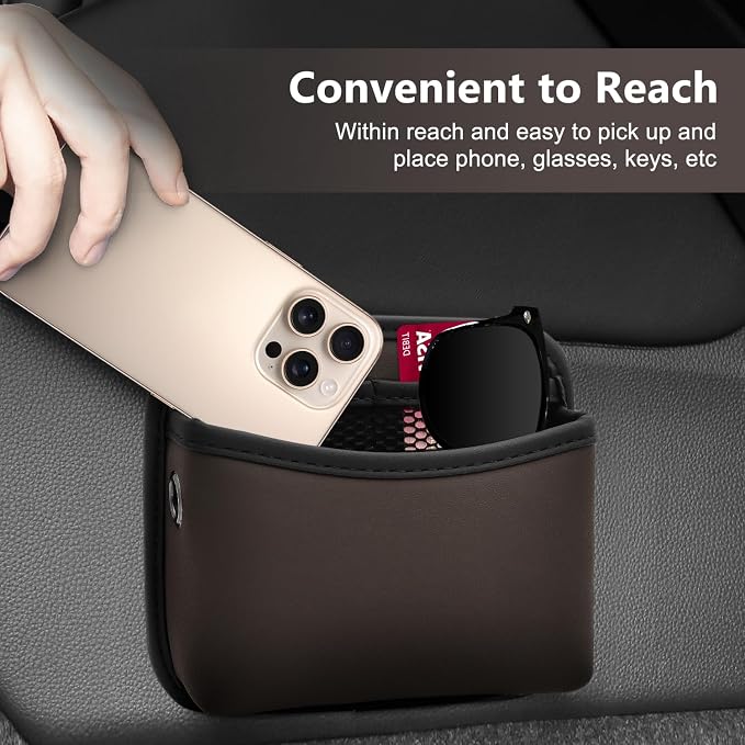 Car Seat Side Storage Pocket, Small Car Seat Organizers PU Leather Car Console Organizer Pocket Multifunctional Console Side Organizer Bag for Phone, Keys, Sunglass, Wallet (1Pack, Brown)