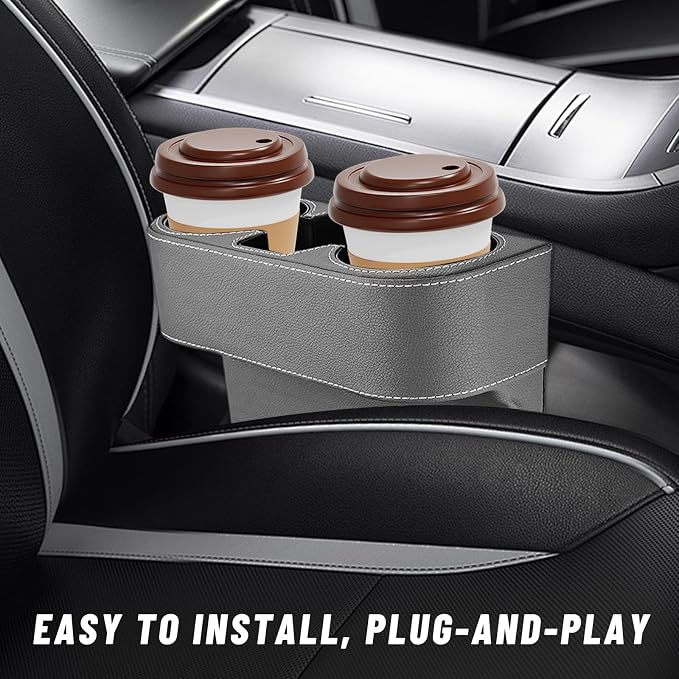 Car Seat Gap Filler Organizer, PU Leather Auto Front Seat Organizer Console Side Filler w/Cup Holder, Multifunctional Bottle Phone Holder Crevice Fillers for Most Car (Gray)