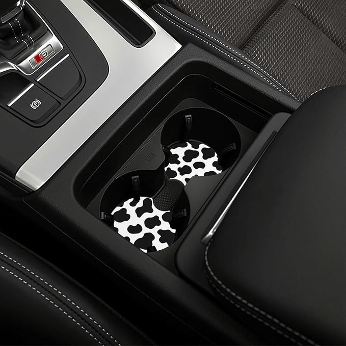Cow Print 3pc car Set : Steering Wheel Cover + 2 Pc Car Coasters | neoprene Anti-Slip Breathable Universal 14.5-15.5 in for Suitable for Men Women