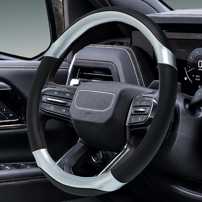 Leather Steering Wheel Cover for Chevy Silverado 1500 2500 3500, 14.5-15 inches Car Steering Wheel Cover with Non-Slip Breathable (Bright Silver)