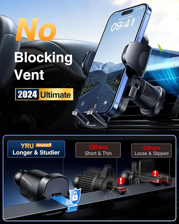 YRU True Military-Grade Shock Mounting Kits [360° Rotation Suction] 2026 Ultimate Car Phone Holder Mount【90+LBS Safest Strongest & Patent Certs】 Dash Windshield for iPhone 17 16 Pro Max, Gloss Black