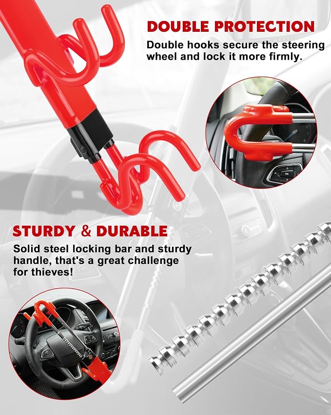 Steering Wheel Lock Anti-Theft Car Device Heavy Duty Security Car Lock Antitheft Locking Devices Great Deterrent Adjustable Car Wheel Lock Anti Theft for Vehicle Truck SUV with 3 Keys (Red)